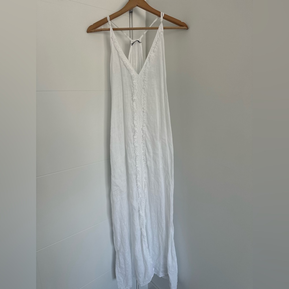 Meo Meli White Linen Maxi Dress Flowy Summer Beach Resort Minimalist Dress